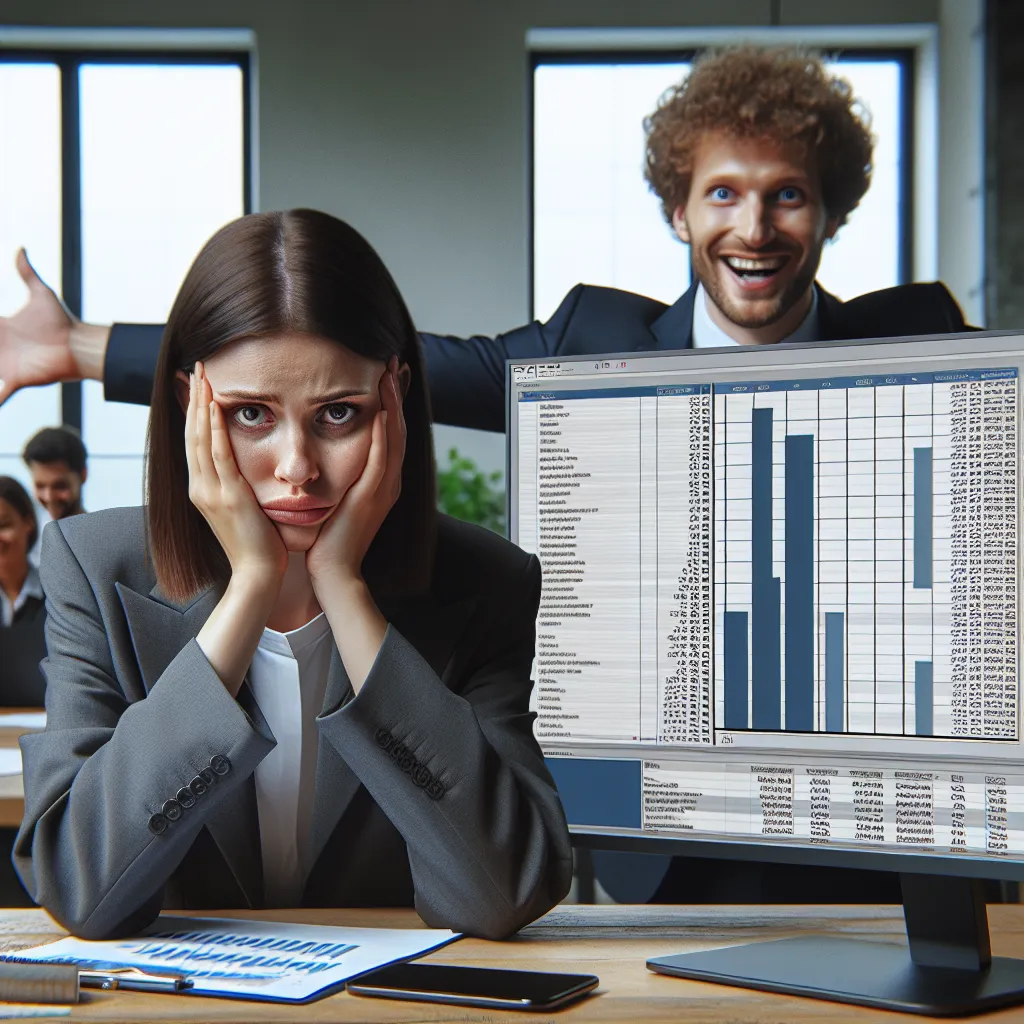 Un manager belge caucasien frustr&eacute; en costume regarde un tableur template g&eacute;n&eacute;rique en d&eacute;sordre, tandis qu'un d&eacute;veloppeur n&eacute;erlandais caucasien souriant montre un tableau de bord de logiciel sur mesure. Bureau professionnel, 4K.