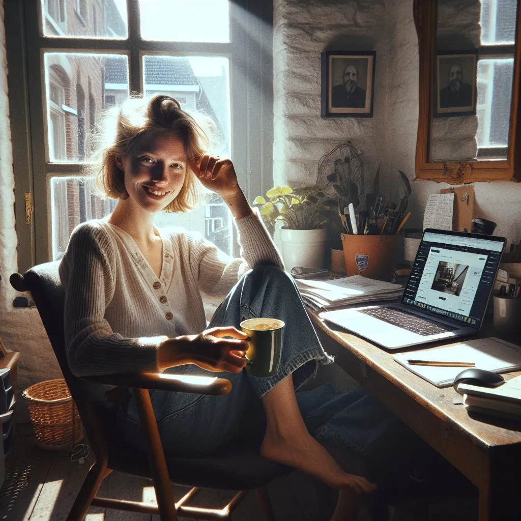 Authentic documentary-style photograph of a Belgian woman in her late 30s, sitting in a small, sunlit home office with a cup of coffee. She is leaned back in her chair, laughing softly, one hand gesturing casually. Natural window light creates uneven shadows on her face and the cluttered desk. A laptop in front of her shows a simple website with a full green loading bar&mdash;no text, no logos. The room has a typical Belgian brick wall, a potted plant, and a messy stack of papers. Candid pose, imperfect lighting, grainy texture. Real ordinary person, no CGI, no studio lighting.