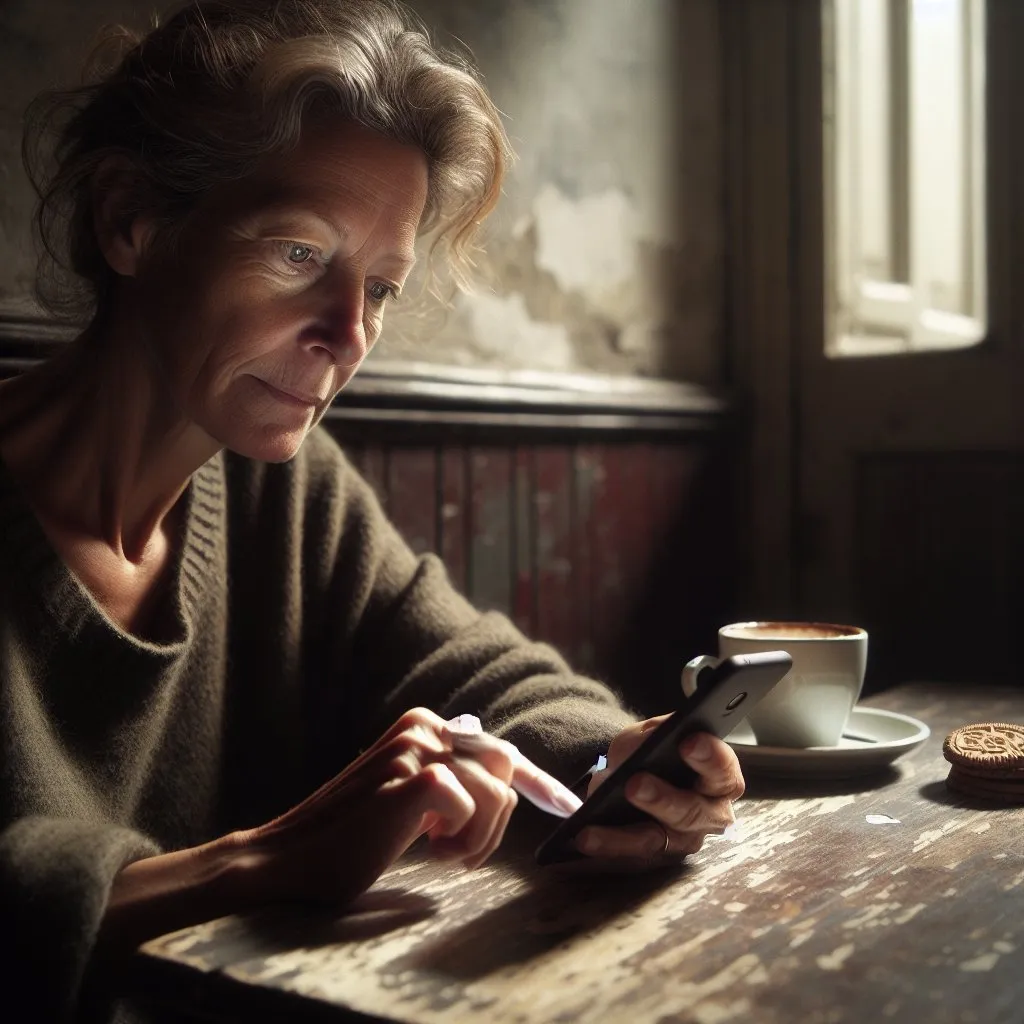 A documentary-style photograph of a middle-aged Belgian woman sitting at a worn wooden table in a local caf&eacute;, natural light from a window casting soft shadows, holding a smartphone with her thumb scrolling vertically, a faint reflection of a mobile website on the screen, an empty coffee cup and a small plate with a speculoos cookie beside her, candid expression of contemplation, imperfect focus, slight grain, real-life atmosphere, no studio lights, no text.