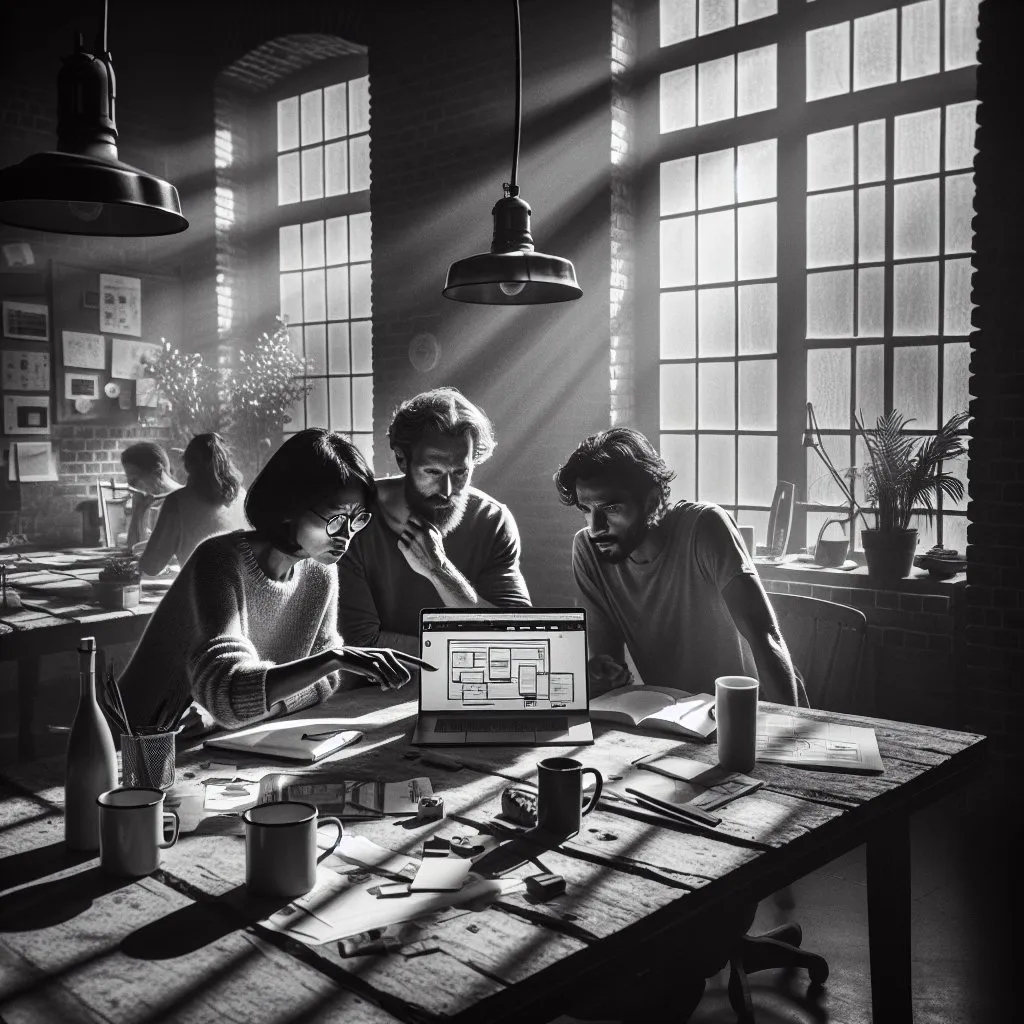A candid black and white documentary photo of a small Belgian web design agency team huddled around a cluttered wooden table in a dimly lit office with exposed brick and vintage lamps. Two ordinary, non-actor colleagues in casual clothes&mdash;one with a beard, one with glasses&mdash;pointing at a laptop screen showing a blurred website wireframe with no text. Natural window light from the left, shadows, messy coffee cups and a potted plant. Authentic everyday work atmosphere in Brussels or Ghent. No studio lighting, no CGI, no plastic faces.