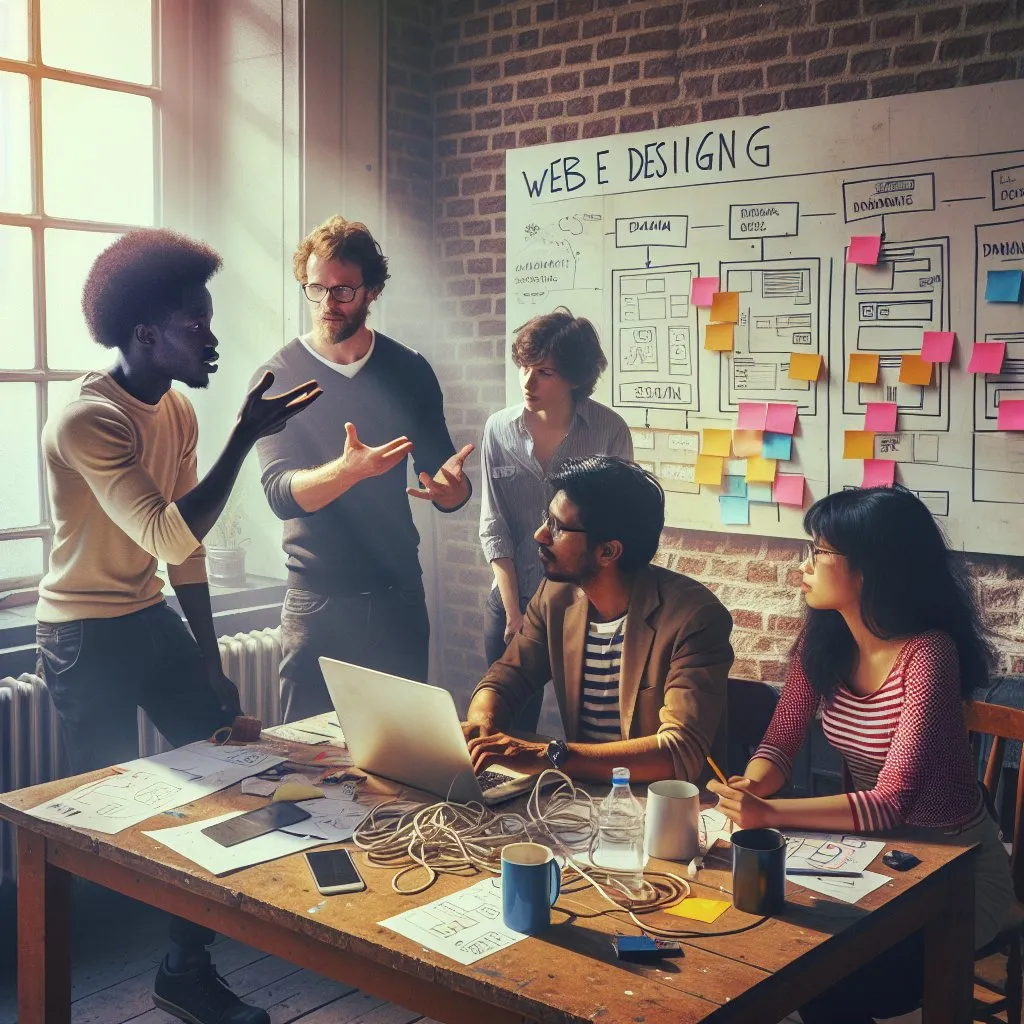 A documentary photograph of a diverse web design team of four ordinary people gathered around a wooden table in a modest, naturally lit Belgian office space. One person gestures while explaining an idea, another leans in with a laptop, a third writes on a whiteboard covered with colorful sticky notes and wireframe sketches. Sunlight streams through a large window with bars, casting soft shadows. Messy desks, coffee cups, cables, and scattered papers. Candid, imperfect expressions&mdash;no staged poses. Grainy texture, slight lens flare, realistic skin tones. No text, no logos, no studio lighting, no CGI.