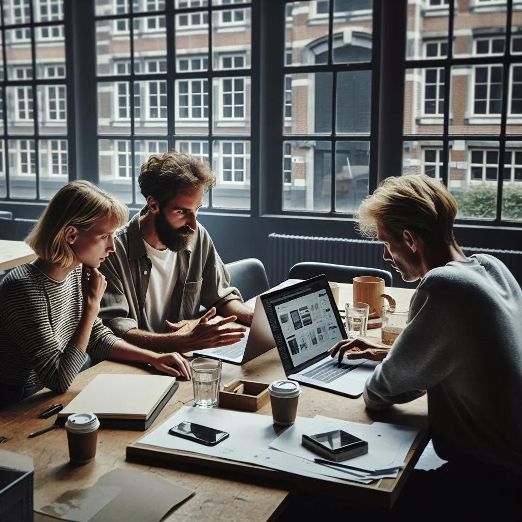 Documentary photograph of a Belgian business meeting in a modern co-working space in Ghent, natural overcast daylight streaming through large windows. Three real ordinary people (two women, one man) in casual business attire, candidly discussing a laptop screen showing a website mockup, imperfect natural lighting with soft shadows, authentic unposed expressions, slightly messy desk with coffee cups and papers, subtle digital elements like a second laptop and smartphone on table, no studio lighting, no CGI, no text visible, high contrast natural tones, 35mm film aesthetic.