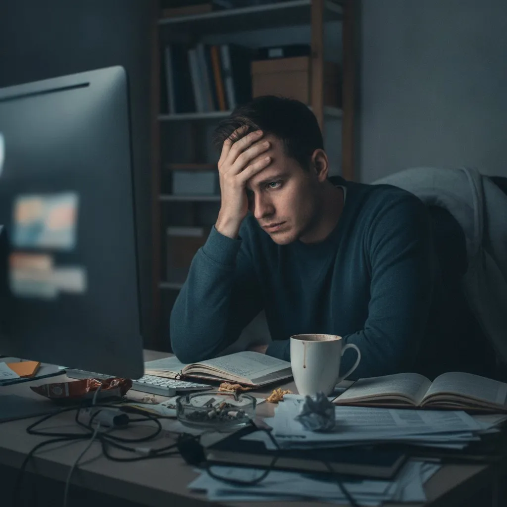 Een gefrustreerd persoon met de hand op het voorhoofd kijkt naar een onscherp computerscherm op een rommelig bureau.