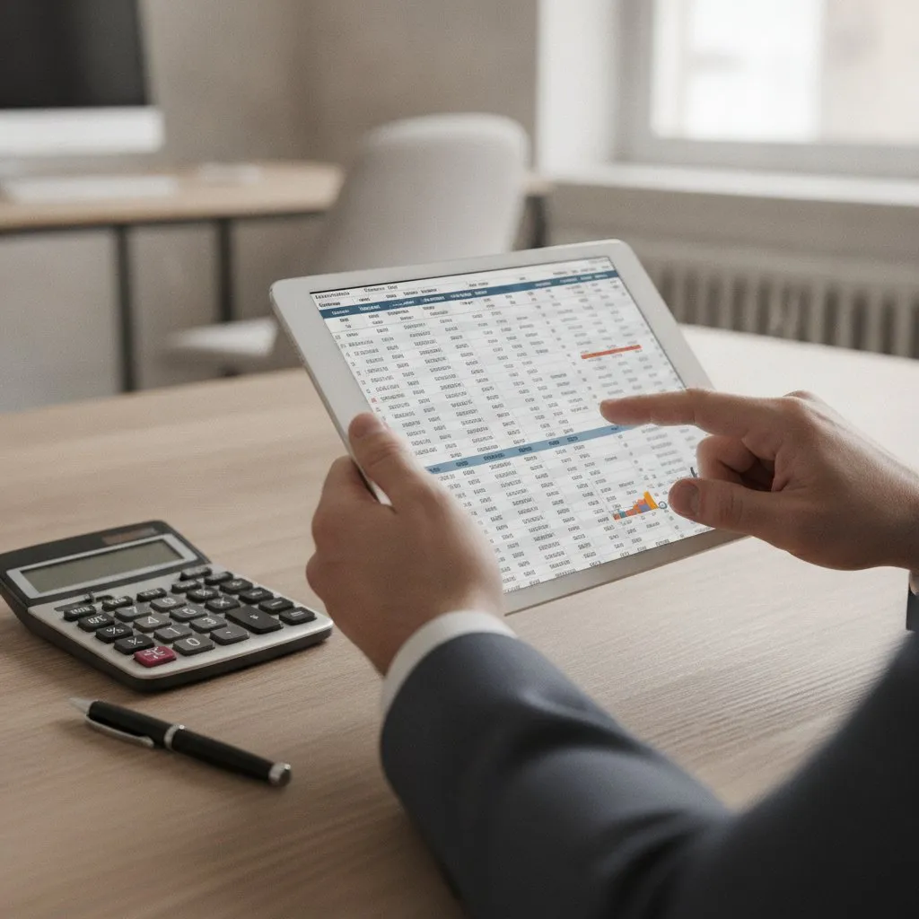 Een persoon houdt een tablet vast met een spreadsheet, naast een rekenmachine en pen op een houten tafel.