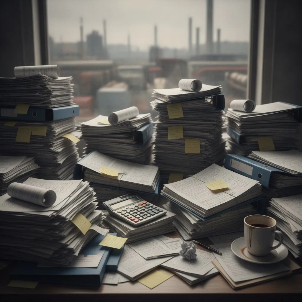 Chaotisch bureau vol met stapels spreadsheets, open ordners en een rekenmachine in een kantooromgeving.