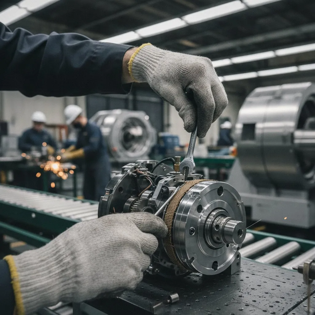 Handen van een werknemer stellen nauwkeurig een complex, op maat gemaakt machineonderdeel af op een assemblagelijn.